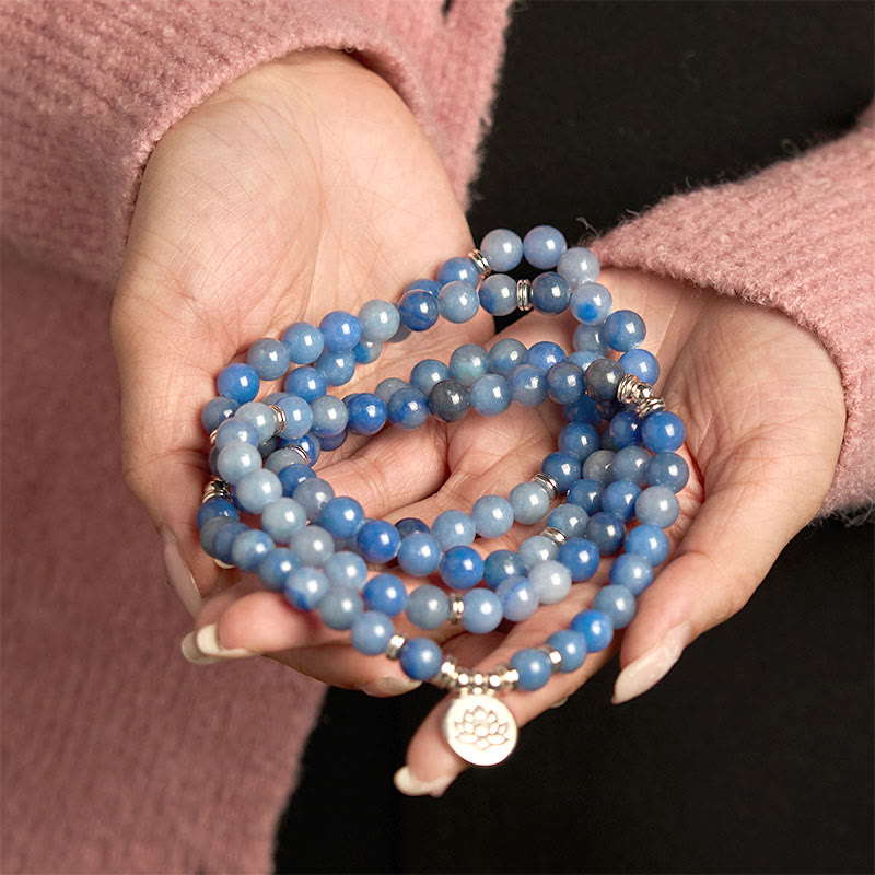 Buddha Stones 108 Mala-Perlen, mehrschichtiges, natürliches, blaues Aventurin-Lotus-Ruhearmband - image 5