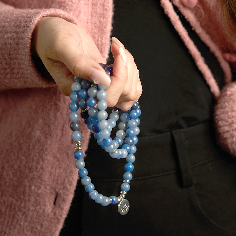 Buddha Stones 108 Mala-Perlen, mehrschichtiges, natürliches, blaues Aventurin-Lotus-Ruhearmband - image 7