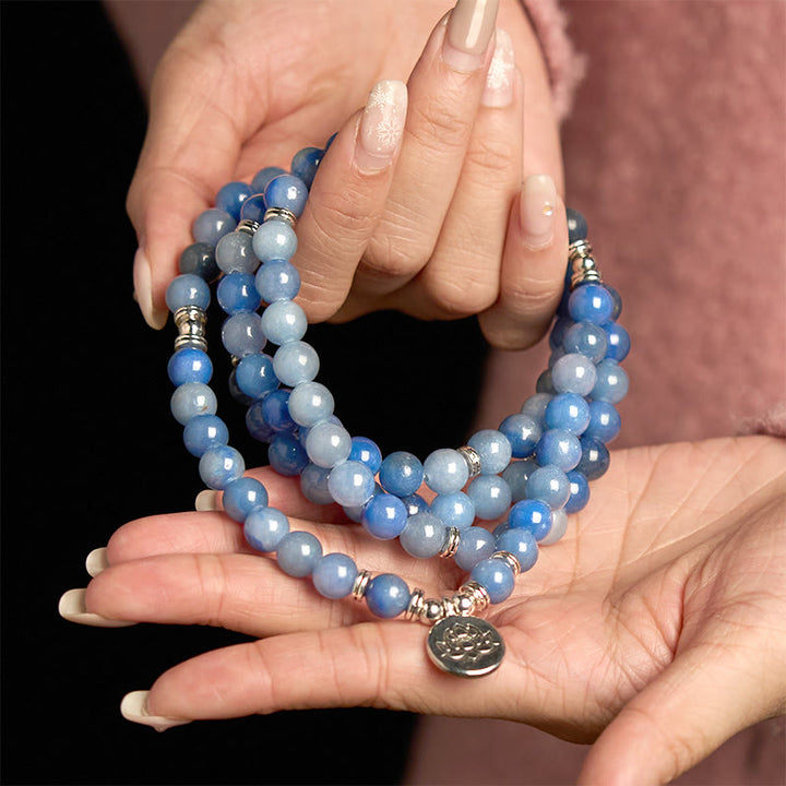 Buddha Stones 108 Mala-Perlen, mehrschichtiges, natürliches, blaues Aventurin-Lotus-Ruhearmband - image 9