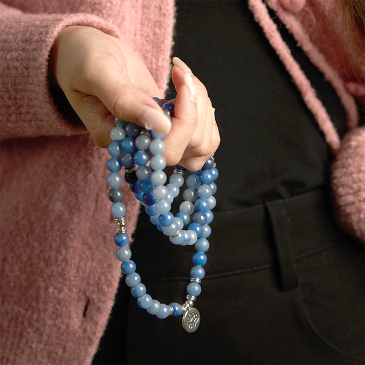 Buddha Stones 108 Mala-Perlen, mehrschichtiges, natürliches, blaues Aventurin-Lotus-Ruhearmband