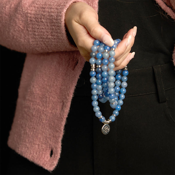 Buddha Stones 108 Mala-Perlen, mehrschichtiges, natürliches, blaues Aventurin-Lotus-Ruhearmband - image 6