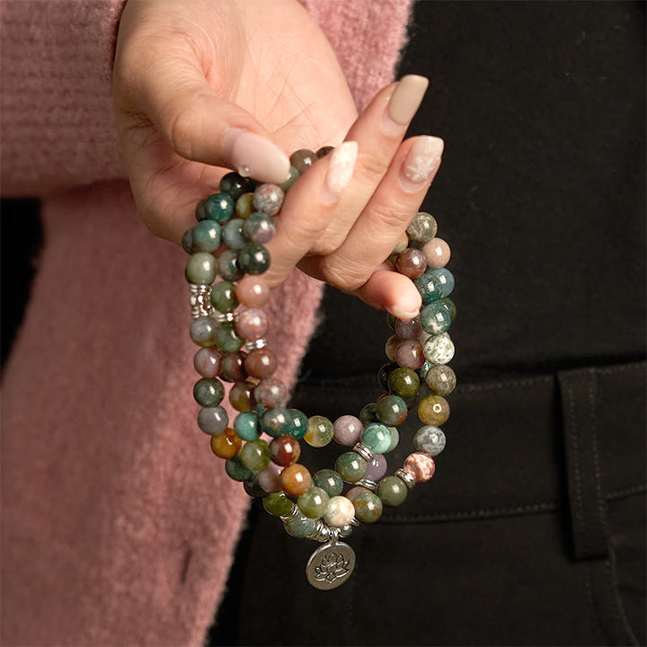 Buddha Stones 108 Mala-Perlen Naturstein Indischer Achat Lotus Ruhe Armband