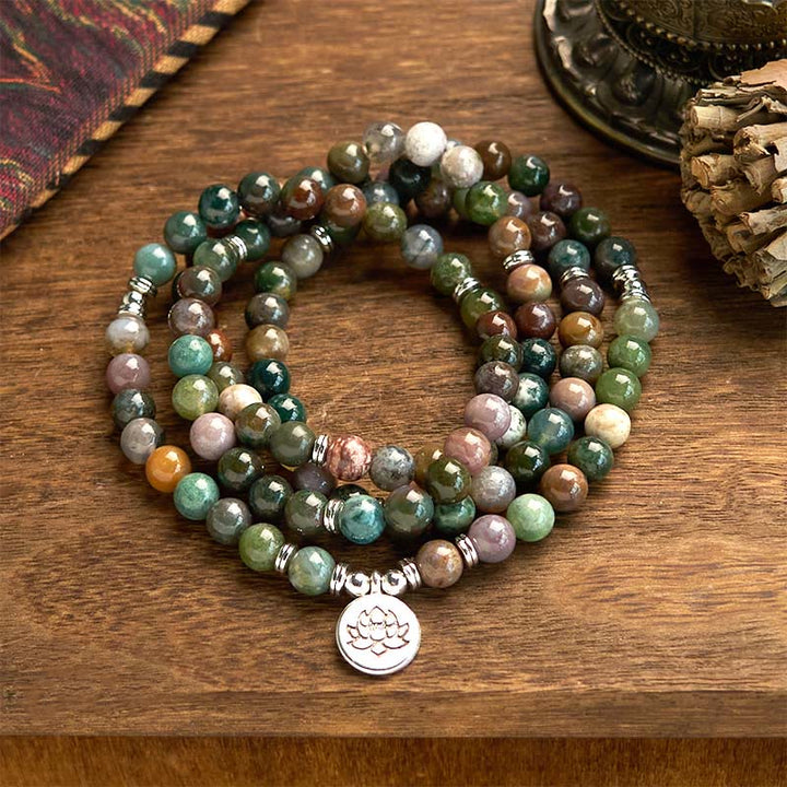 Buddha Stones 108 Mala-Perlen Naturstein Indischer Achat Lotus Ruhe Armband