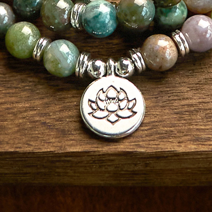 Buddha Stones 108 Mala-Perlen Naturstein Indischer Achat Lotus Ruhe Armband