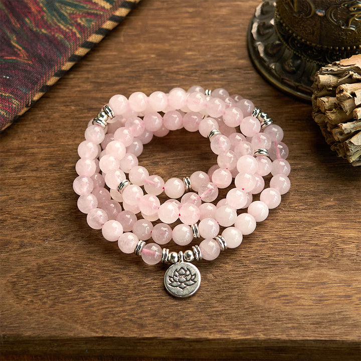 Buddha Stones 108 Mala-Perlen Naturstein Rosenquarz Lotus Peace Armband