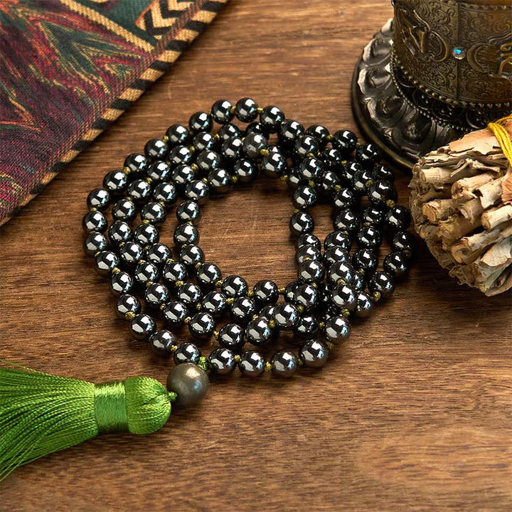 Buddha Stones 108 Mala-Perlen Naturstein Hämatit Quaste Kraftvolles Armband