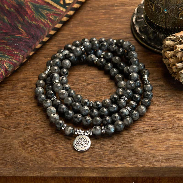 Buddha Stones 108 Mala-Perlen, mehrschichtiges Lotus-Positivitätsarmband aus natürlichem schwarzem Glitzerstein