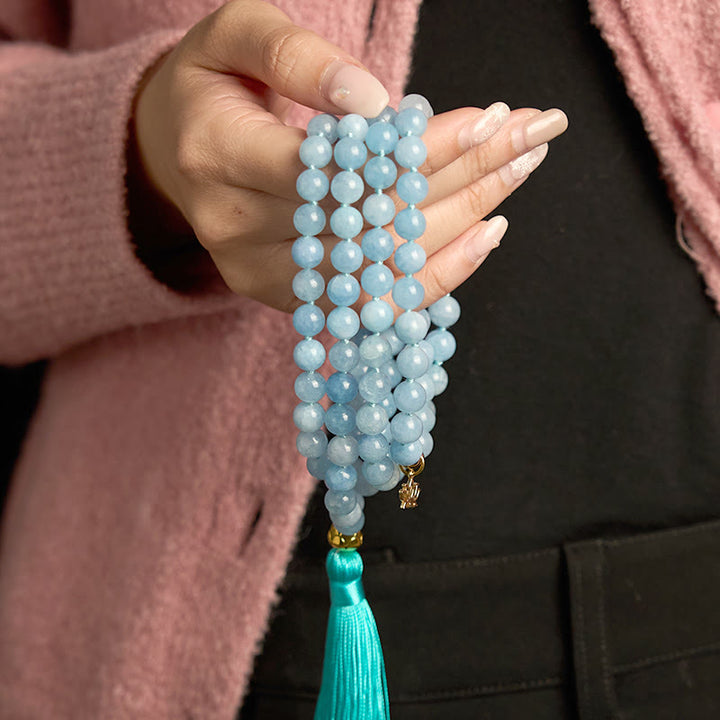 Buddha Stones 108 Mala-Perlen Naturstein Aquamarin Quaste Lotus Heilung Armband