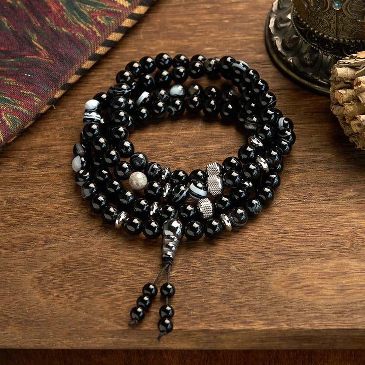 Buddha Stones 108 Mala-Perlen Naturstein Schwarzer Onyx Schutzarmband