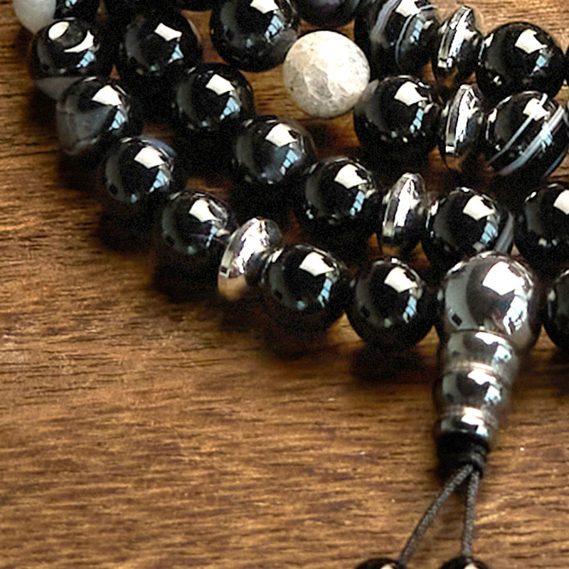 Buddha Stones 108 Mala-Perlen Naturstein Schwarzer Onyx Schutzarmband