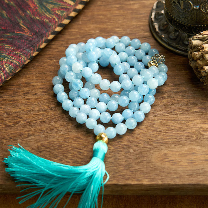 Buddha Stones 108 Mala-Perlen Naturstein Aquamarin Quaste Lotus Heilung Armband