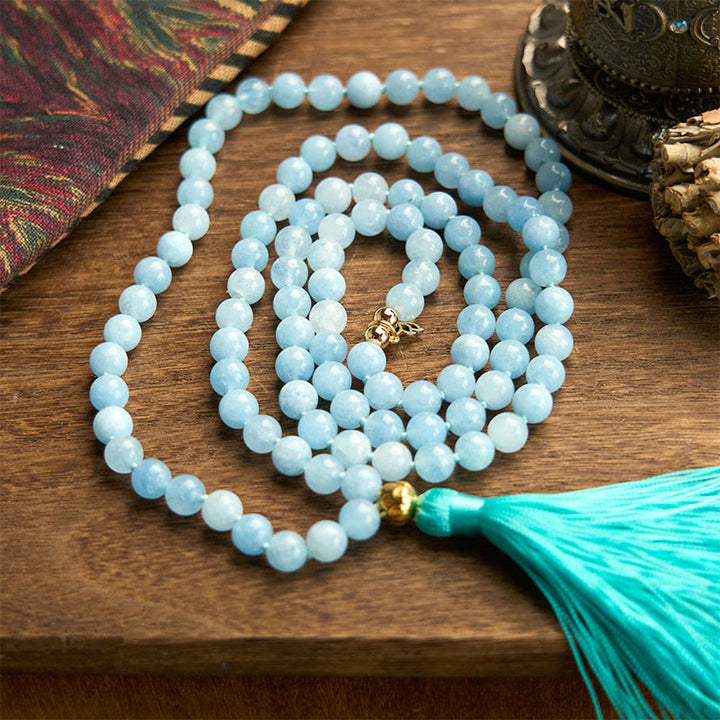 Buddha Stones 108 Mala-Perlen Naturstein Aquamarin Quaste Lotus Heilung Armband