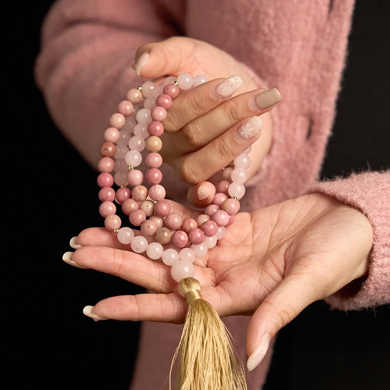 Buddha Stones 108 Mala-Perlen, Rhodonit, Rosenquarz, Quaste, Heilungsarmband