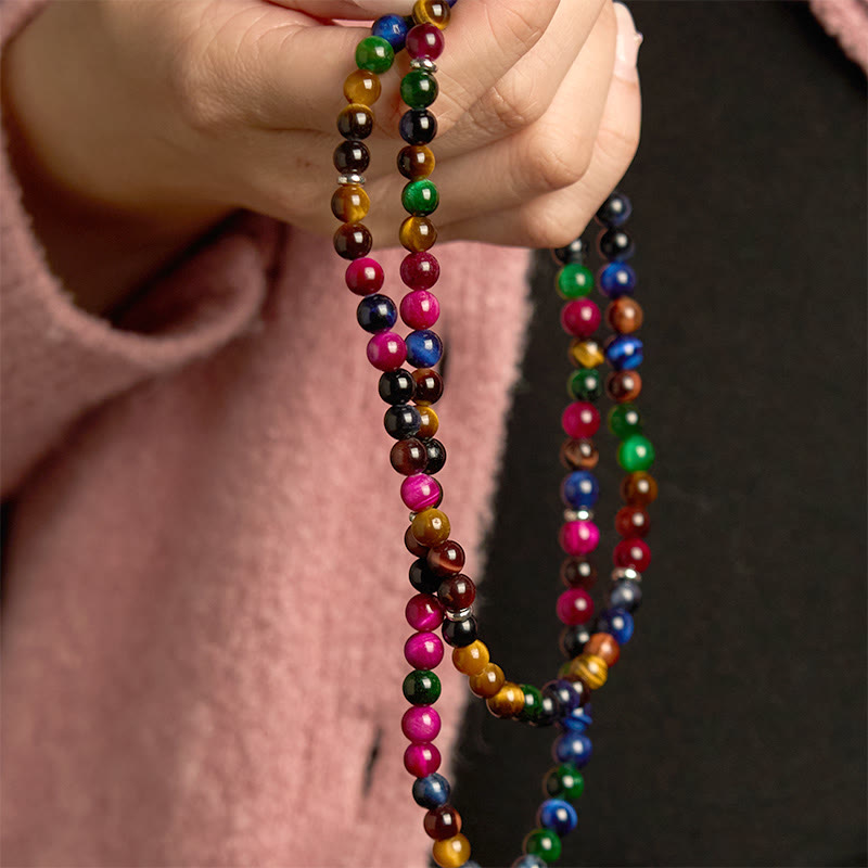Buddha Stones 108 Mala-Perlen, natürlicher, bunter Tigerauge-Stein, mehrgängiges Schutzarmband - image 4