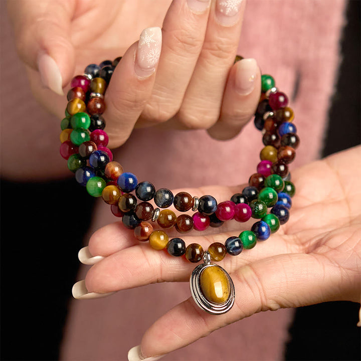 Buddha Stones 108 Mala-Perlen, natürlicher, bunter Tigerauge-Stein, mehrgängiges Schutzarmband - image 3