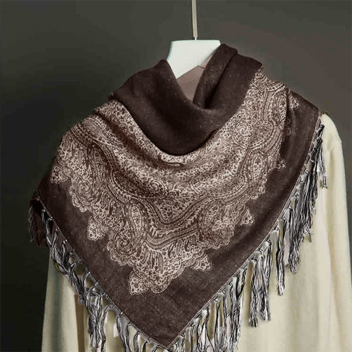 Buddha Stones , tibetischer Cashew-Jacquard, bunter Blumendruck, Quasten, Schal für Herbst und Winter, weicher, warmer Schal - Sattelbraun 190 x 70 cm - image 0