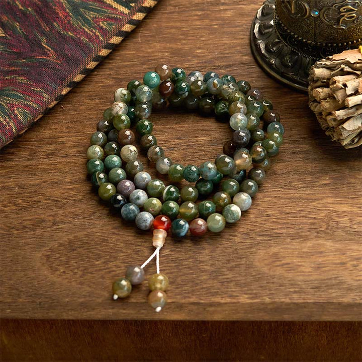 Buddha Stones 108 Mala-Perlen Naturstein Moosachat Mehrgängiges Heilarmband