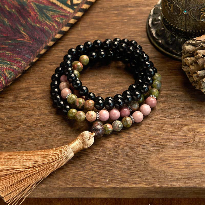 Buddha Stones 108 Mala-Perlen, schwarzer Jaspis, Rhodonit, Khaki, Quaste, Heilungsarmband