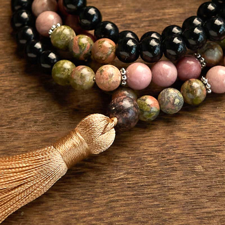 Buddha Stones 108 Mala-Perlen, schwarzer Jaspis, Rhodonit, Khaki, Quaste, Heilungsarmband