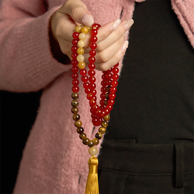Buddha Stones 108 Mala-Perlen, roter Achat, Tigerauge, gelbe Quaste, ruhiges Armband - image 2