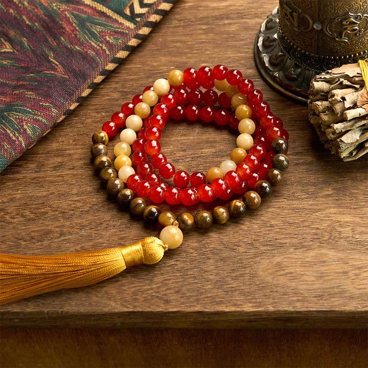 Buddha Stones 108 Mala-Perlen, roter Achat, Tigerauge, gelbe Quaste, ruhiges Armband