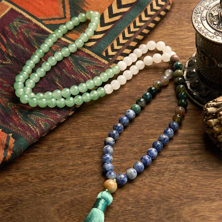 Buddha Stones 108 Mala-Perlen, natürlicher grüner Aventurin, blauer Jaspis, indischer Achat, grüne Quaste, Glücksarmband