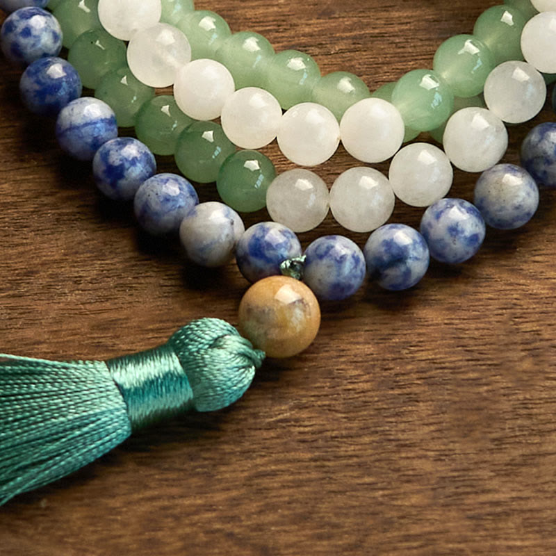 Buddha Stones 108 Mala-Perlen, natürlicher grüner Aventurin, blauer Jaspis, indischer Achat, grüne Quaste, Glücksarmband