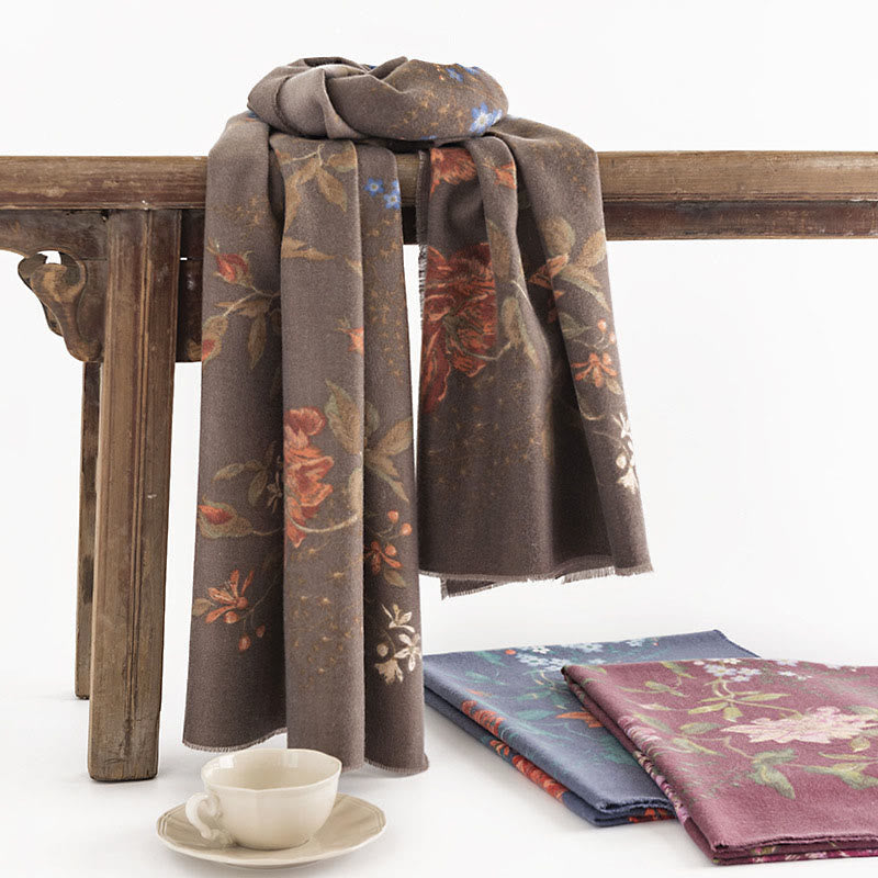 Buddha Stones, tibetischer Multiflora-Rose-Druckmuster-Design, Schal, Herbst/Winter, gemütlicher warmer Schal, Wickeltuch - Dunkelgoldenes Rot 190 x 65 cm - image 0