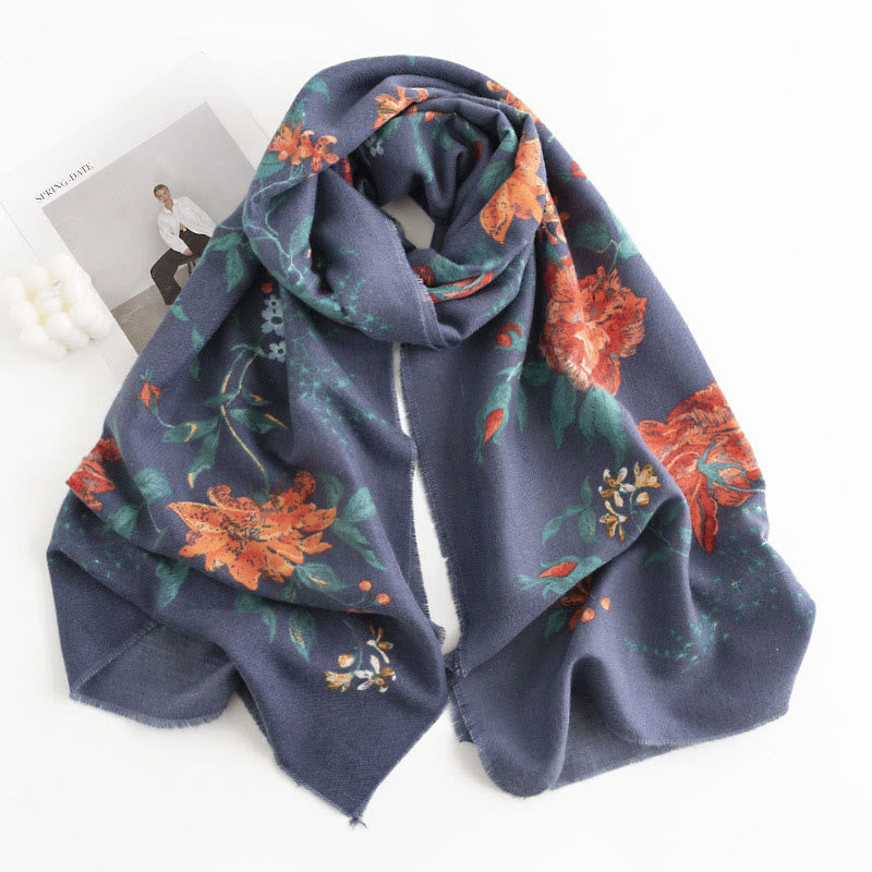 Buddha Stones, tibetischer Multiflora-Rose-Druckmuster-Design, Schal, Herbst/Winter, gemütlicher warmer Schal, Wickeltuch - SteelBlue 190*65cm - image 3