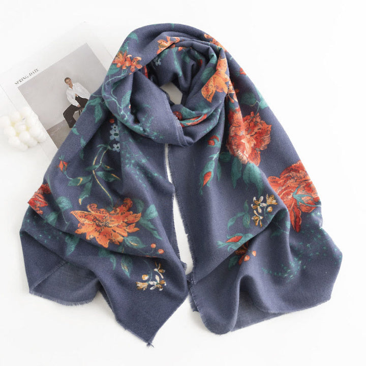 Buddha Stones, tibetischer Multiflora-Rose-Druckmuster-Design, Schal, Herbst/Winter, gemütlicher warmer Schal, Wickeltuch - SteelBlue 190*65cm - image 3