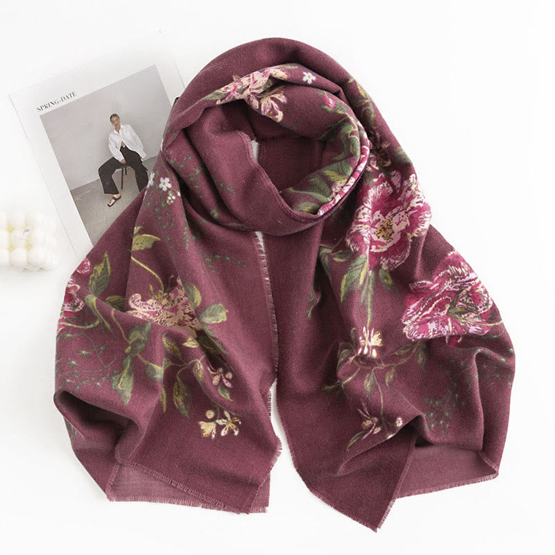 Buddha Stones, tibetischer Multiflora-Rose-Druckmuster-Design, Schal, Herbst/Winter, gemütlicher warmer Schal, Wickeltuch - Mittelviolettrot 190 x 65 cm - image 10