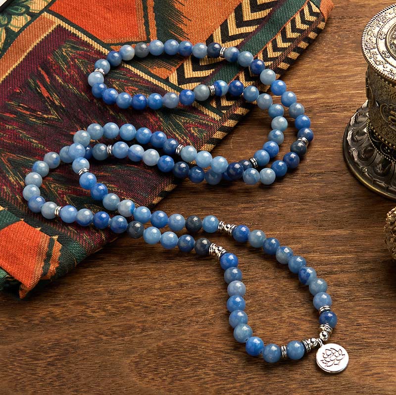 Buddha Stones 108 Mala-Perlen, mehrschichtiges, natürliches, blaues Aventurin-Lotus-Ruhearmband - image 1