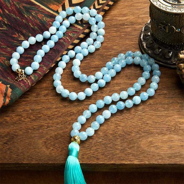 Buddha Stones 108 Mala-Perlen Naturstein Aquamarin Quaste Lotus Heilung Armband