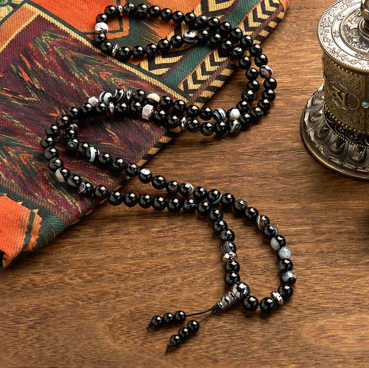 Buddha Stones 108 Mala-Perlen Naturstein Schwarzer Onyx Schutzarmband