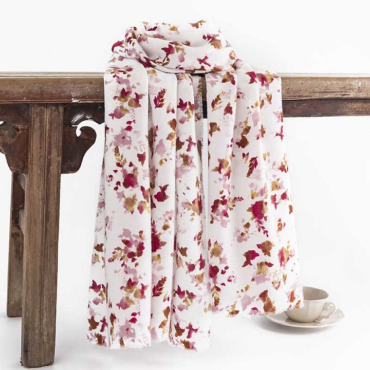 Buddha Stones, tibetische Blumen, fallende Blätter, Druck, Herbst/Winter, gemütlich, warm, Reiseschal, Wickeltuch - Weiß, 190 x 65 cm - image 0