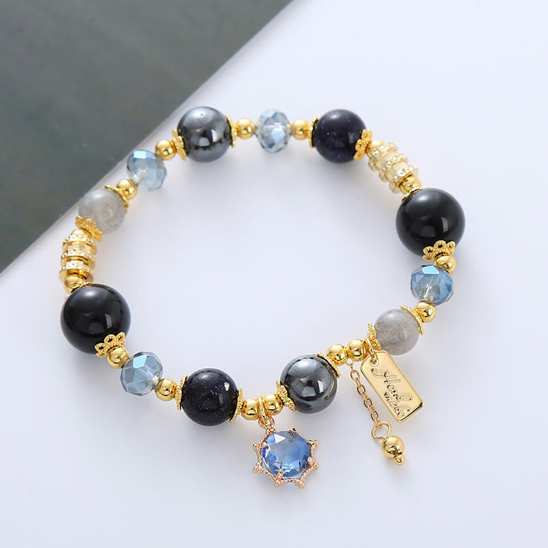 Buddha Stones Armband mit Stärke, natürlicher schwarzer Obsidian, Hämatit und blauem Sandstein