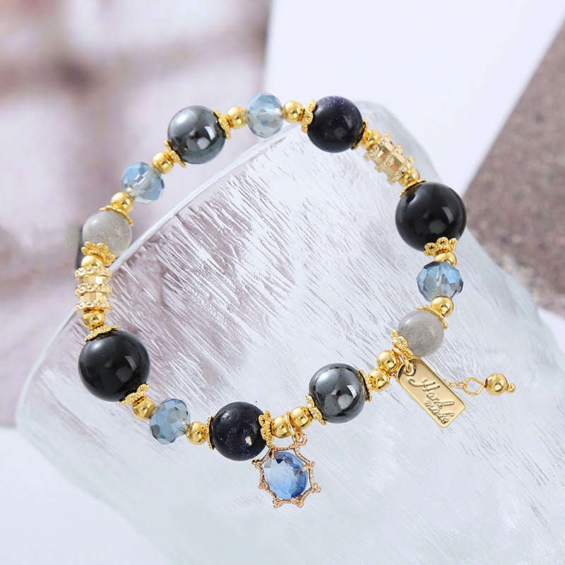 Buddha Stones Armband mit Stärke, natürlicher schwarzer Obsidian, Hämatit und blauem Sandstein