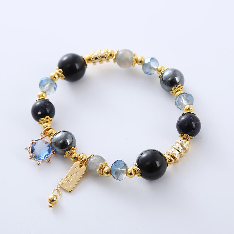 Buddha Stones Armband mit Stärke, natürlicher schwarzer Obsidian, Hämatit und blauem Sandstein