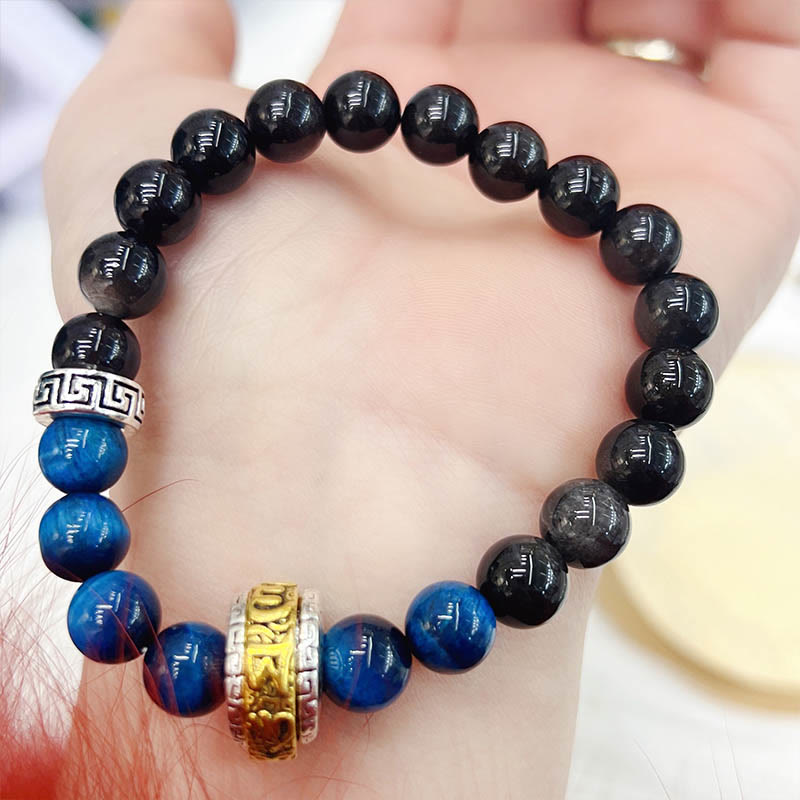 Buddha Stones Silberglanz Obsidian Blau Tigerauge Schutzarmband