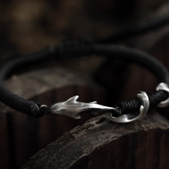 Buddha Stones 999 Sterling Silber Hai Schwarzes Wachsseil Schutzarmband - Wachsseil aus 999er Sterlingsilber (Handgelenkumfang: 13–22 cm) - image 0