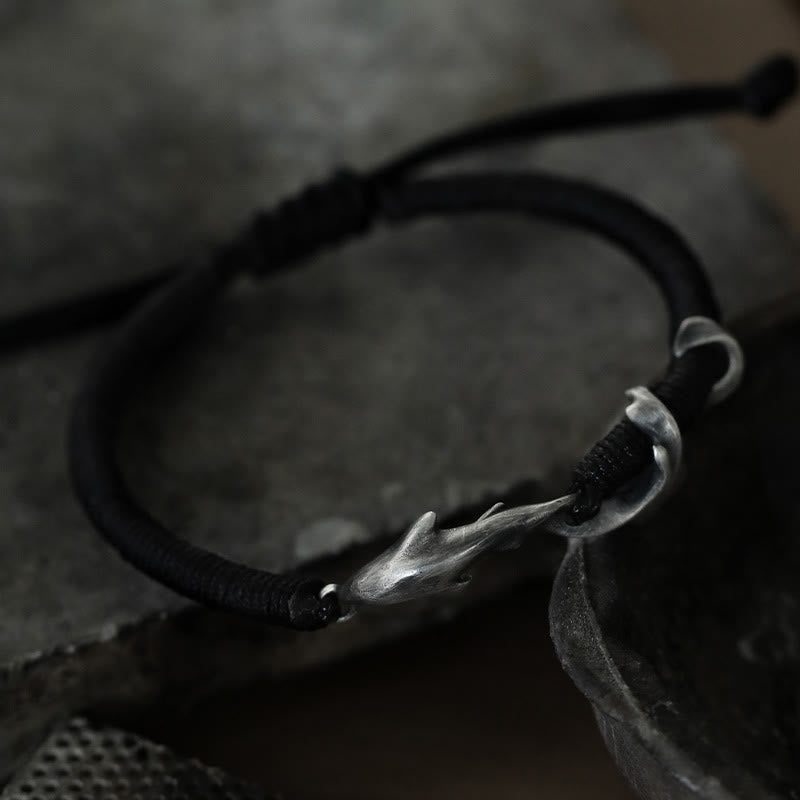 Buddha Stones 999 Sterling Silber Hai Schwarzes Wachsseil Schutzarmband - image 11