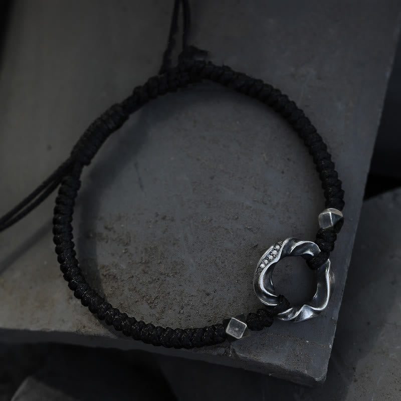 Buddha Stones 999 Sterling Silber Peace Schnalle Schwarzes Wachsseil Schutzarmband - image 1