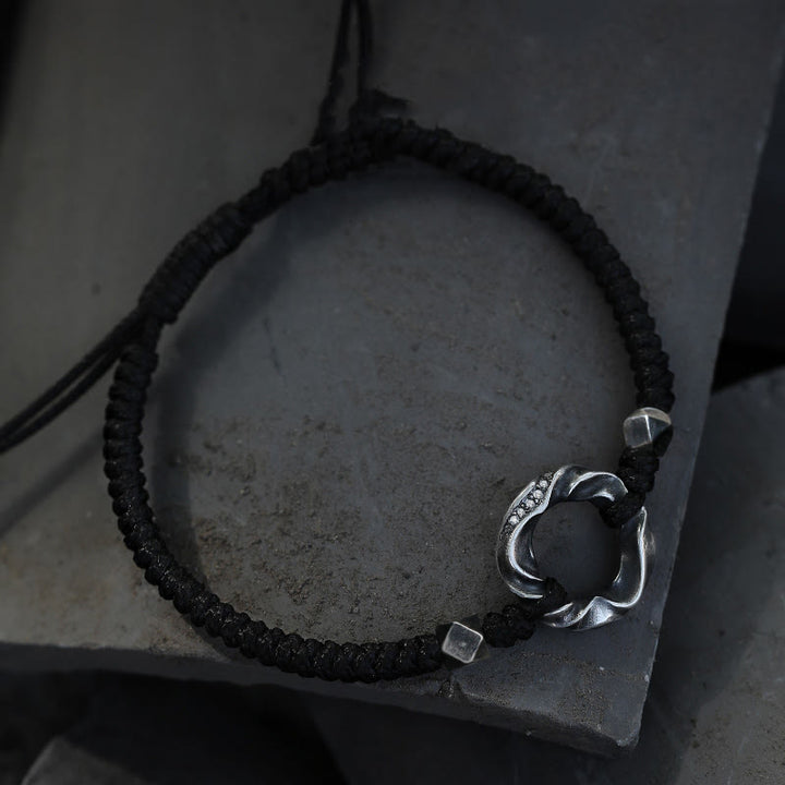 Buddha Stones 999 Sterling Silber Peace Schnalle Schwarzes Wachsseil Schutzarmband - image 1