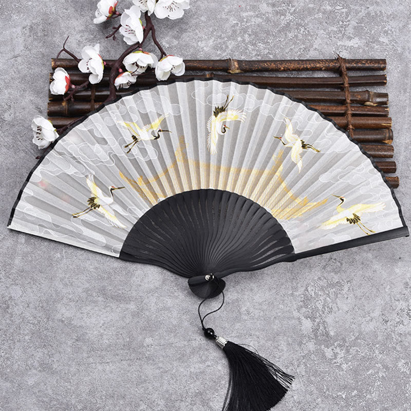 Buddha Stones, Kraniche, Glückswolken, einfarbiger Farbverlauf, handlicher Bambus-Faltfächer - Crane Cloud Black 21cm - image 9