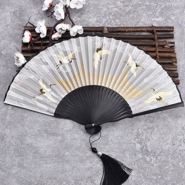 Buddha Stones, Kraniche, Glückswolken, einfarbiger Farbverlauf, handlicher Bambus-Faltfächer - Crane Cloud Black 21cm - image 9