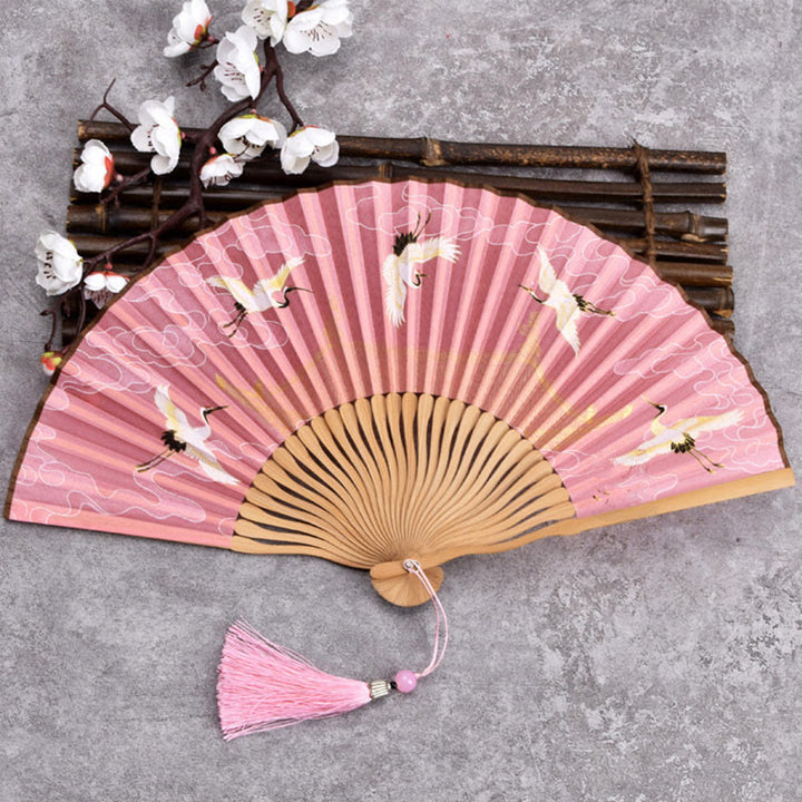Buddha Stones, Kraniche, Glückswolken, einfarbiger Farbverlauf, handlicher Bambus-Faltfächer - Crane Cloud Pink 21cm - image 6