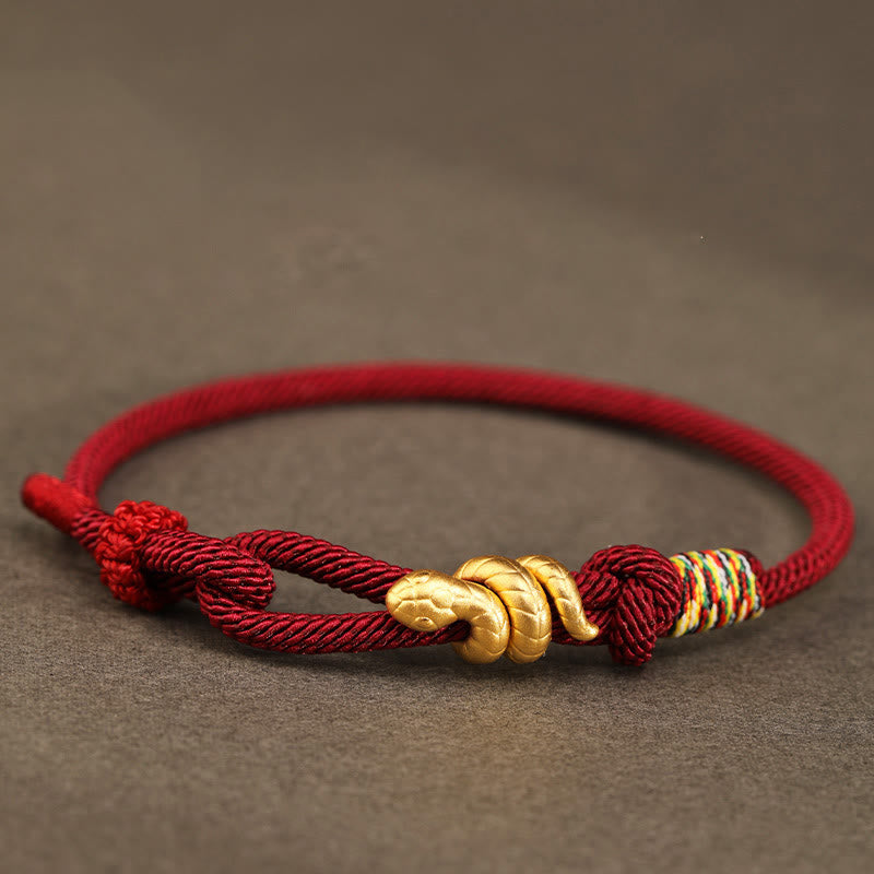 Buddha Stones 999 Gold Jahr der Schlange Design Handgefertigtes Glücksschutzseil Geflochtenes Armband - Dunkelrot - 17-19 cm - Gold 0,48 g - image 0