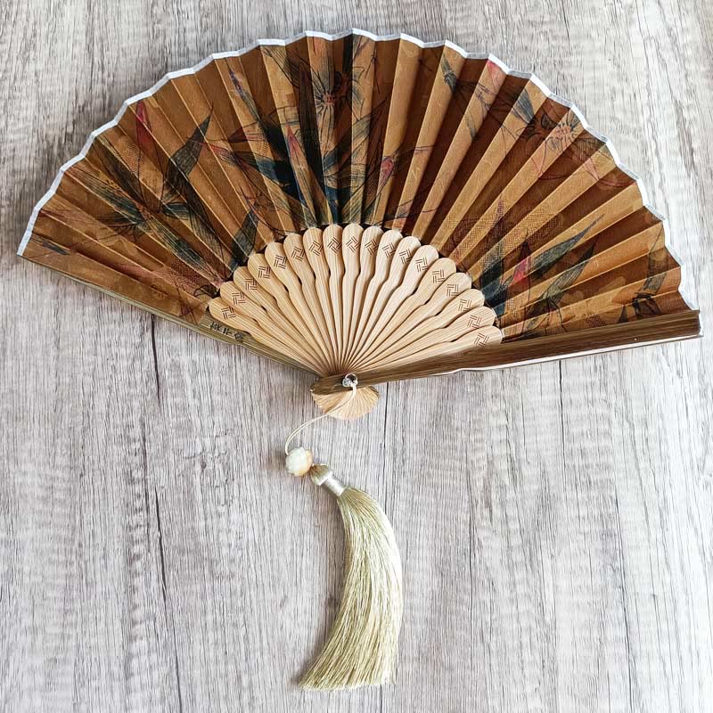 Buddha Stones , Blume, Kaki, Bambusblätter, Xiangyunsha-Seide, Hand-Faltfächer aus Bambus - Bambusblatt 21 cm - image 12