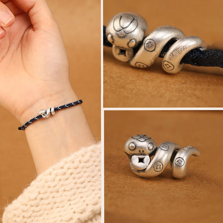 Buddha Stones 999 Sterling Silber Jahr der Schlange Handgemachtes Kupfermünzen-Schutz-Geflochtenes Armband