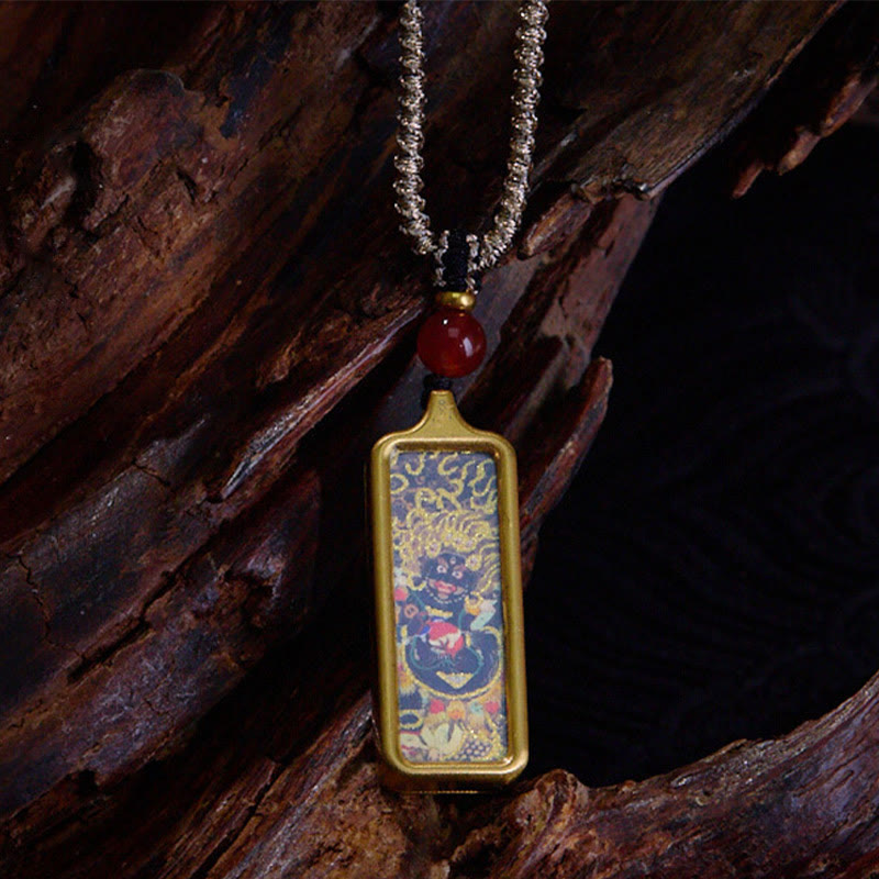 Buddha Stones Tibet Zakiram Gelber Gott des Reichtums Neunschwänziger Fuchs Handbemalter Thangka Ruhiger Halskettenanhänger - Mahakala - image 5